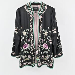 SCOTCH SODA Jacket Womens Size 2 Embroidered Kimono Black Floral Satin Tie Front